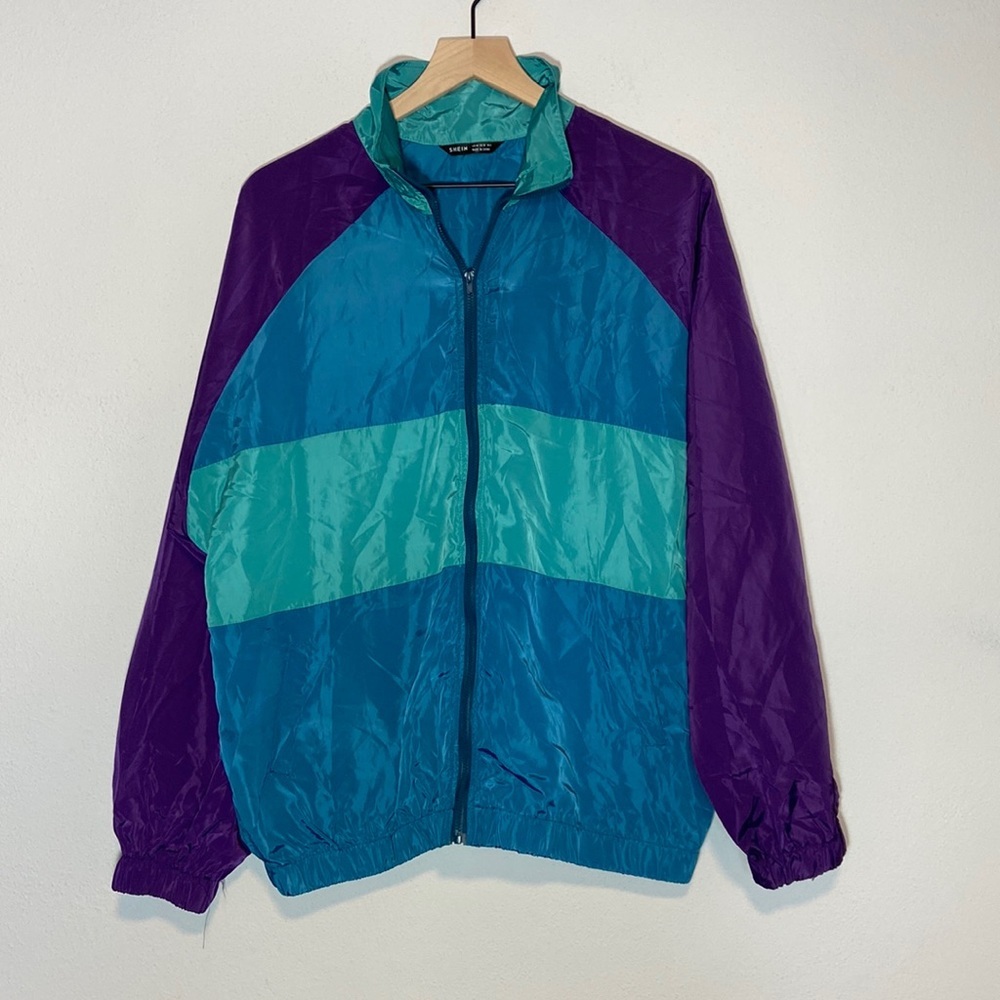 Shein Retro Style 90s Colorblock Purple Green Blue Windbreaker Jacket Sz Medium